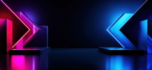 Obraz premium Neon Stage Design: An abstract stage with futuristic neon lights, geometric shapes, and dynamic hues of vibrant pink and electric blue, creating an atmosphere of energy and technological innovation.