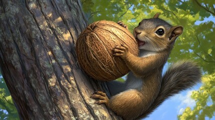 Fototapeta premium Squirrel holding nut on tree trunk