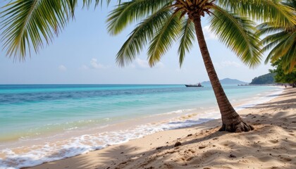 Obraz premium The crystal clear turquoise waters gently kiss the golden sandy shore, with lush green palm trees swaying in the gentle ocean breeze, creating a tranquil and captivating view of the sea in Thailand.
