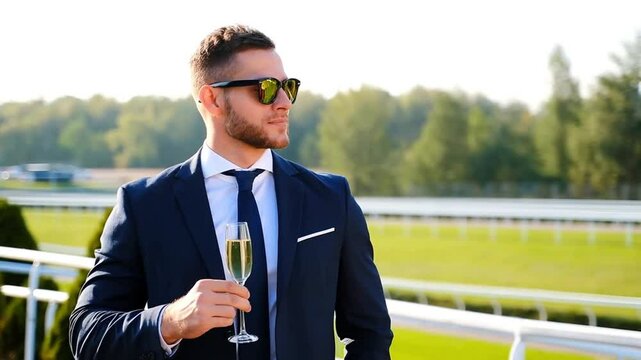 A confident stylish gentleman at a racetrack, in a dark blue suit and sunglasses, holding a champagne glass. Elegance and high society amidst a luxurious horse racing spring event. Old Money style