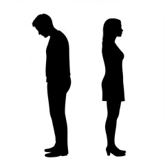 Silhouette of a man looking down and a woman standing straight on a white background side profile view