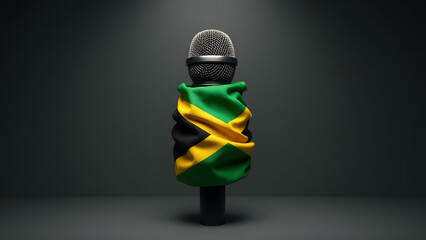 Jamaica's flag stifles a microphone, a metaphor for suppressed voices. Dark tones and sharp lighting heighten the minimalist tension. A bold protest piece.