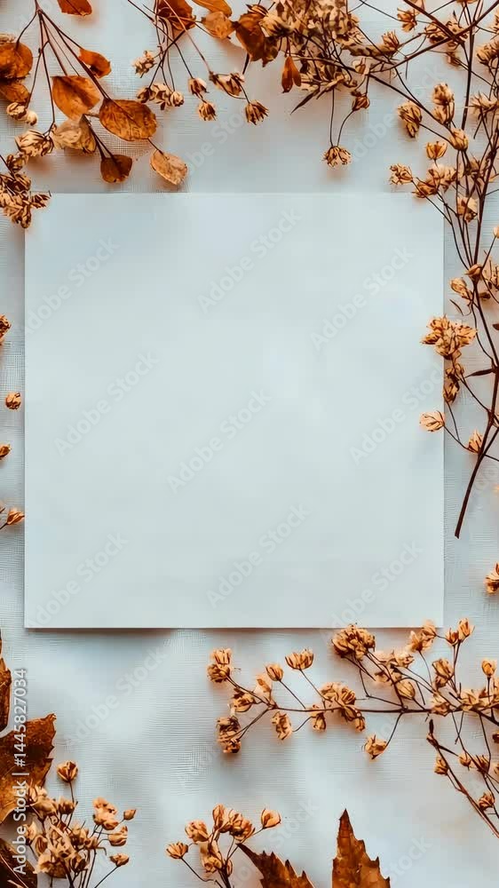 Poster dried flowers and leaves surround a blank sheet, creating a natural canvas for artistic ideas and pr