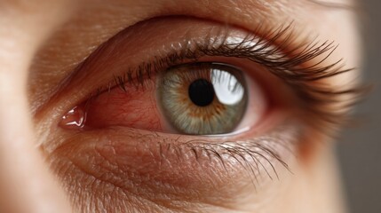 Obraz premium A close examination reveals a red, irritated eye highlighting the vascular changes and emotional strain. The natural light accentuates the surrounding skin texture and eyelashes