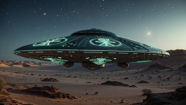 A mysterious, dark-green spacecraft hovers above a desolate, sandy landscape under a starry night sky. The craft's design is intricate and futuristic.