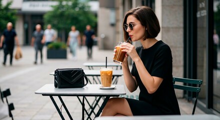Woman drinks iced coffee at an outdoor cafe with a black purse on the table on a summer day