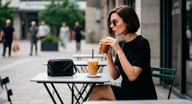 Woman drinks iced coffee at an outdoor cafe with a black purse on the table on a summer day