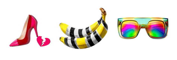 Pop art collage of red stiletto on broken heart, striped bananas, and rainbow sunglasses, colorful surreal concept on transparent background for fashion, editorial, or design use