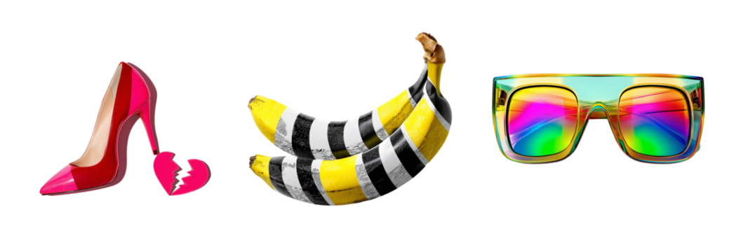 Pop art collage of red stiletto on broken heart, striped bananas, and rainbow sunglasses, colorful surreal concept on transparent background for fashion, editorial, or design use - Powered by Adobe
