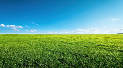 Obraz premium Lush Green Field Under Clear Blue Sky with Soft Clouds in the Background