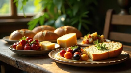 A rustic still life featuring artisan bread, assorted cheeses, vibrant cherry tomatoes, and a medley of colorful fruits arranged on wooden table in warm sunlight.