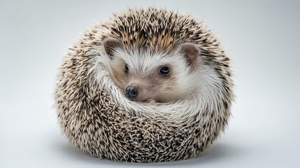 Obraz premium Close-up of a cute baby hedgehog curled into a ball with soft gray background, showcasing detailed spines, adorable face, and tiny paws, natural wildlife scene