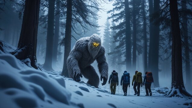 A group of hikers encounters a large, imposing yeti in a snowy forest. The scene is dark and mysterious, filled with suspense. - Powered by Adobe