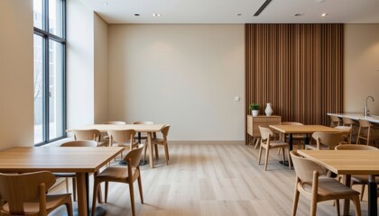 The minimalist interior dining room features sleek wooden tables and chairs, with clean lines and smooth finishes, creating a contemporary and elegant atmosphere.