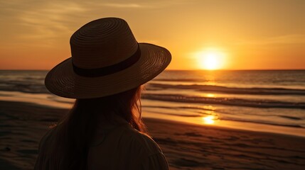 Silhouette of a person in a straw hat watching the sunset at the beach, tranquil and dreamy 