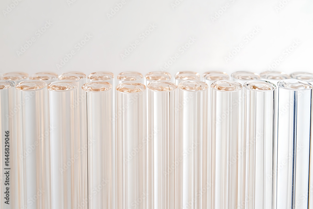 Poster array of transparent cylinders: a detailed close-up reveals a neat row of clear, cylindrical objects
