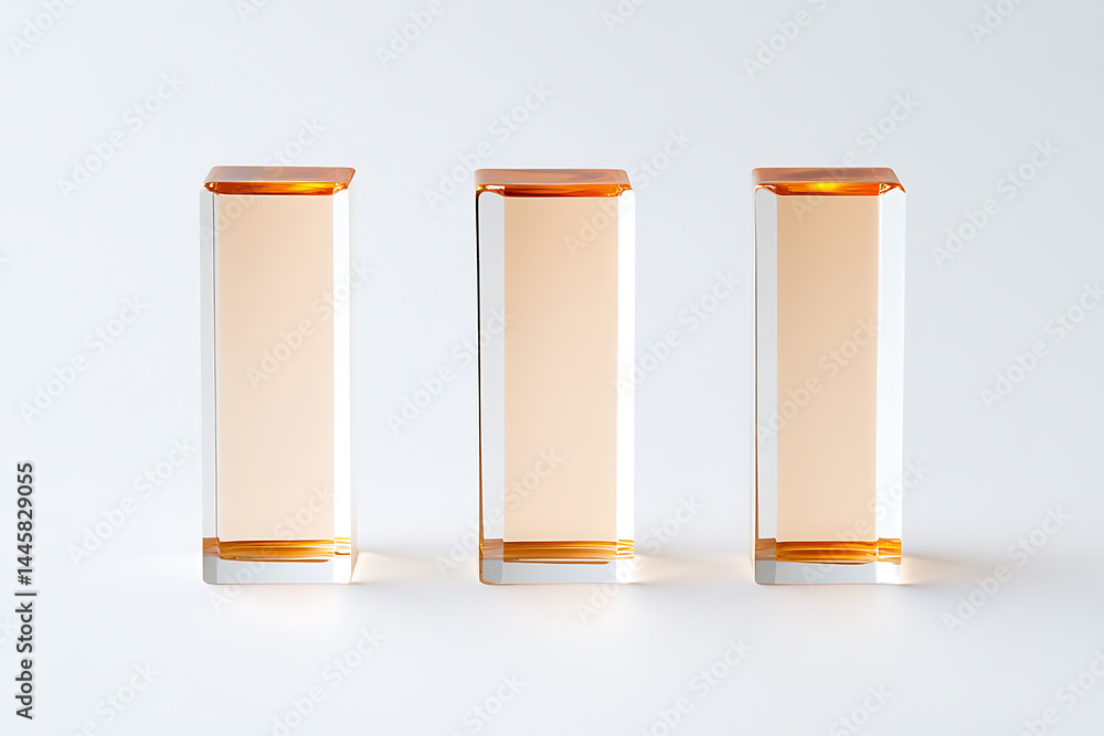 Poster three translucent amber-toned rectangles stand in a row against a clean white background, creating a