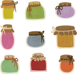 clip art watercolor illustration of colorful bottle and jar of sweet fruit jam for background asset	