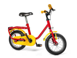 Bright red and yellow children's bicycle with a sturdy frame, black saddle, and small wheels, isolated on a transparent background png. 