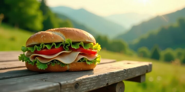 Delicious sandwich on rustic wooden table, idyllic nature background, sunlit meadow, healthy meal, outdoor picnic, summer vibes