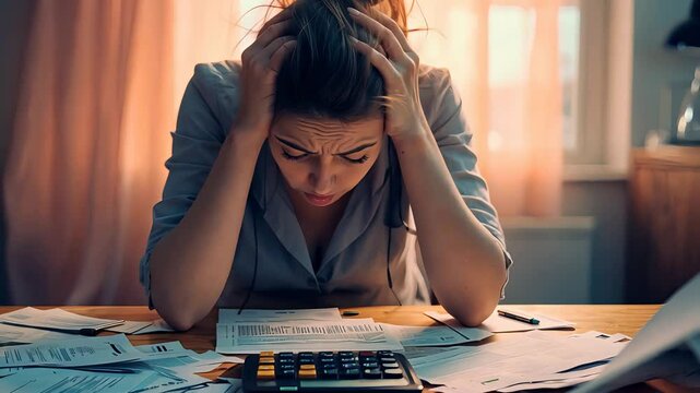 Stressed woman holding head with hands while reviewing bills and documents at home table with calculator and scattered financial papers

