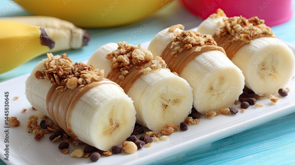 Poster close up of sliced bananas with peanut butter and granola topping on a white rectangular plate with 