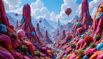 The panoramic view showcases a vibrant and dynamic abstract futuristic landscape, filled with vibrant colors, intricate geometric shapes