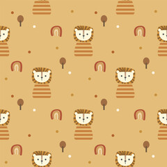 Lion and t shirt cartoon so cute. On tree rainbow yellow background. Pattern seamless vector illustration. 