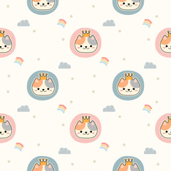 Face cat and crown cartoon so cute. On cloud rainbow background. Pattern seamless vector illustration. 