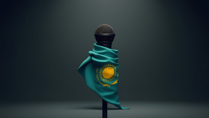 A stark metaphor for silenced voices: the Kazakhstan flag strangles a microphone, its frayed edges revealing struggle. Dark, moody lighting amplifies the tension.