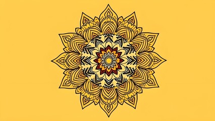 circular mandala pattern merging Indian henna motifs with Mid-Century Modern earthy tones (mustard, olive, terracotta). Thin black lines, no shading.