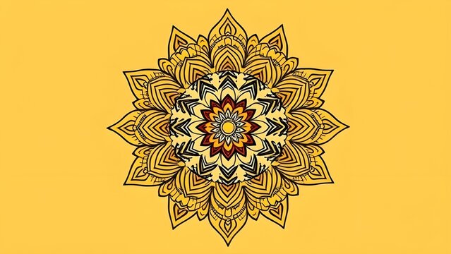 circular mandala pattern merging Indian henna motifs with Mid-Century Modern earthy tones (mustard, olive, terracotta). Thin black lines, no shading.