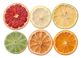Obraz premium citrus fruits isolated on white Dried and fresh citrus fruit wheel slices PNG set, cutout isolated on transparent background. Grapefruit, orange, lemon, lime cocktail garnish decoration graphic resour