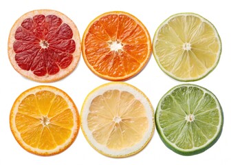 Obraz premium citrus fruits isolated on white Dried and fresh citrus fruit wheel slices PNG set, cutout isolated on transparent background. Grapefruit, orange, lemon, lime cocktail garnish decoration graphic resour