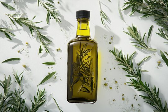 Exquisite rosemary infused olive oil bottle sunlit setting green herbs natural light clean