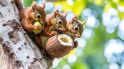 Fototapeta premium Red Squirrels Sharing Coconut in a Tree