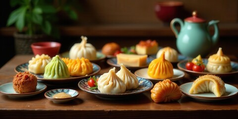 Naklejka premium A delectable array of assorted steamed dumplings, presented on ornate plates, alongside small cakes and a teapot, creates a visually appealing culinary scene.