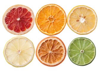 Fototapeta premium citrus fruits isolated on white Dried and fresh citrus fruit wheel slices PNG set, cutout isolated on transparent background. Grapefruit, orange, lemon, lime cocktail garnish decoration graphic resour