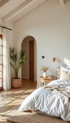 house interior backdrop, warm white bedroom with brilliant furnishings natural wooden tables, contemporary style,.