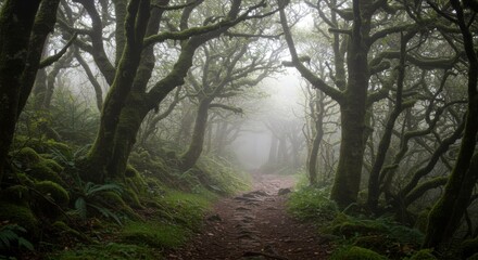 Fototapeta premium Path through a misty forest with mossy trees