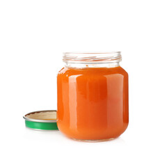 Baby food. Tasty puree in glass jar isolated on white