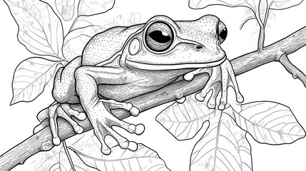Detailed black and white illustration of a tree frog resting on a branch amidst foliage.  The frog's large eyes and textured skin are meticulously drawn, highlighting its natural features