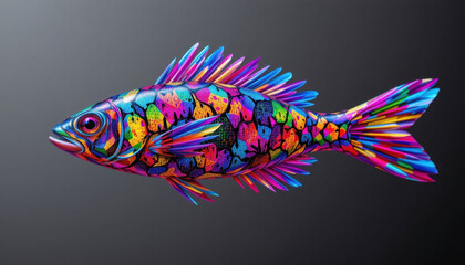 A vibrant and intricate lure designed using cutting edge technology and generative algorithms, featuring a dazzling array of colors and patterns to attract a variety of fish species.