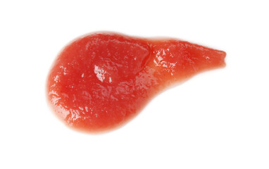 Baby food. Tasty puree on white background, top view