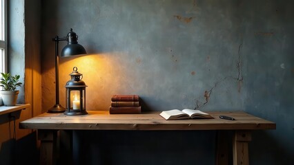 Rustic wooden desk illuminated by a warm lamp and candlelight, featuring antique books and a pen, set against a textured wall