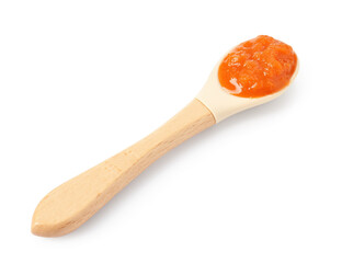 Baby food. Tasty puree in spoon isolated on white