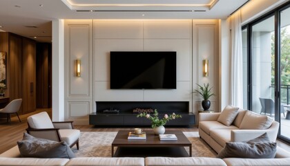 Fototapeta premium The elegant living room features a large flat screen television mounted on the wall, creating a sleek and modern focal point for entertainment.