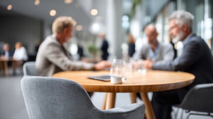 Fototapeta premium In a sleek corporate environment, professionals engage in focused discussions around a round table. The atmosphere is collaborative, encouraging innovative ideas and strategic planning