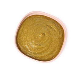 Baby food. Tasty puree in bowl isolated on white, top view