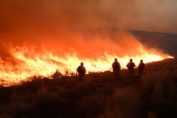 Fototapeta premium Firefighters battle a raging wildfire, a scene of intense heat and smoke. Protecting the environment with skill and bravery under extreme conditions.